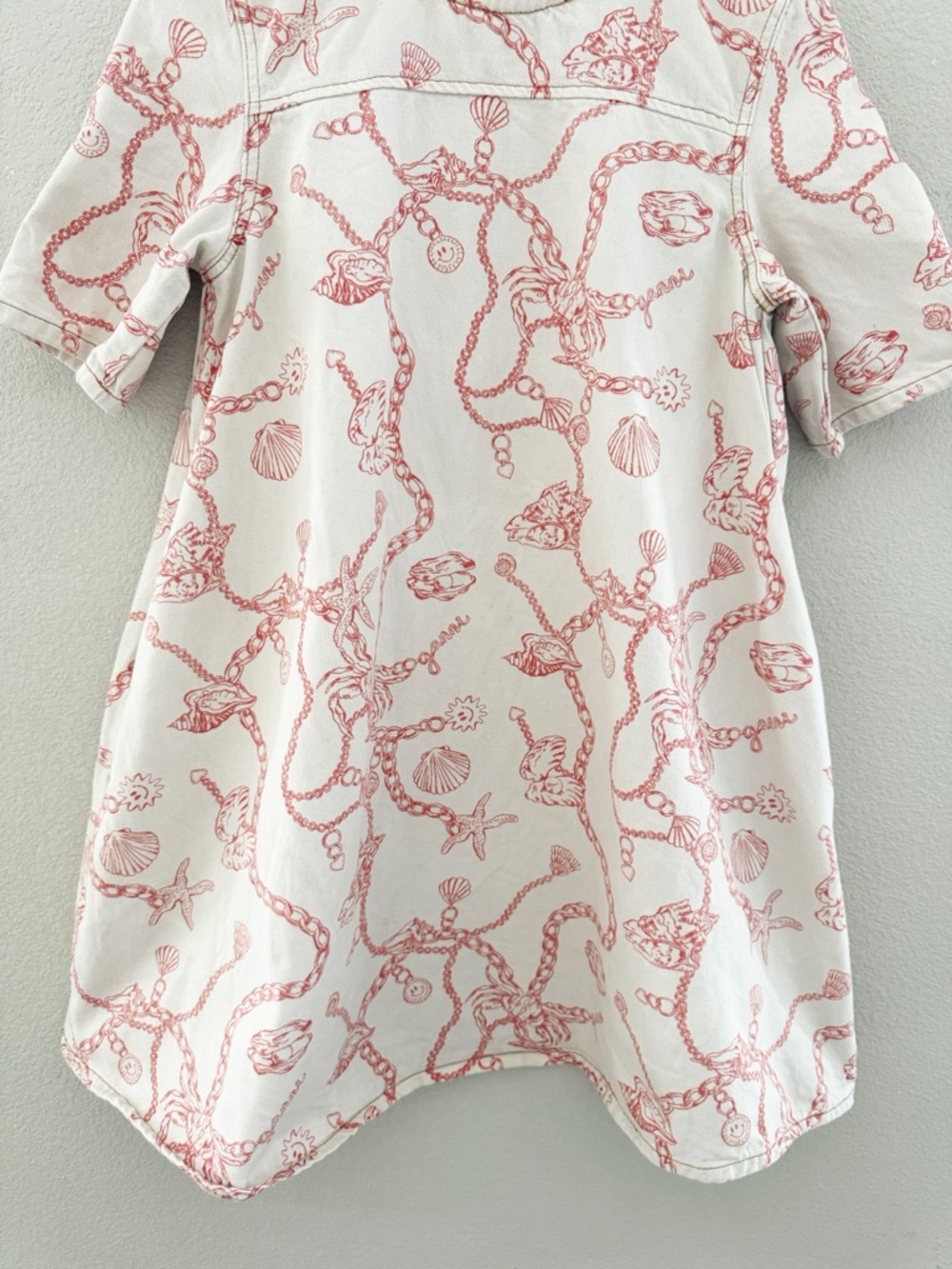 Ganni RARE Lobster Seashell Print Nautical Denim Mini Dress 4 Cream Red Shift - Picture 11 of 16